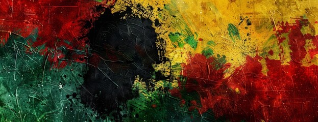 An abstract painting with vibrant colors and a rough texture. The colors are red, yellow, and green, and the painting has a distressed look.