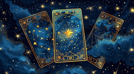 Ethereal Tarot Card Deck Floating in Celestial Sky with Cosmic Symbols