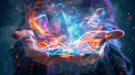 Ethereal Fortune Teller's Hands Casting Tarot Cards into Swirling Vortex