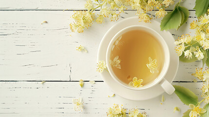 Cup of aromatic tea with linden blossoms on white wood