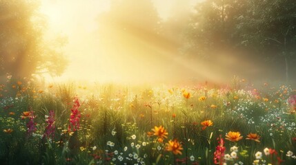 Golden Sunrise Illuminating a Softfocus Wildflower Meadow A Tranquil Summer Scene