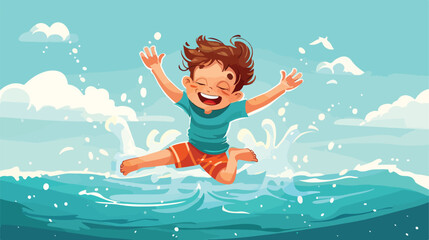 Happy boy jumping in water. Active cheerful kid Carto