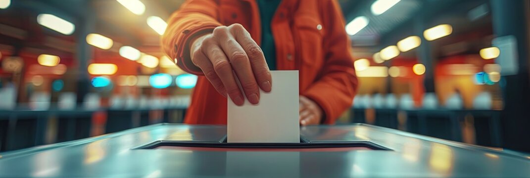 banner. copy spaceMy voice matters concept. Man voter holds hand a ballot above the ballot box. 