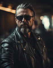 portrait of an American grown man in a biker outfit
