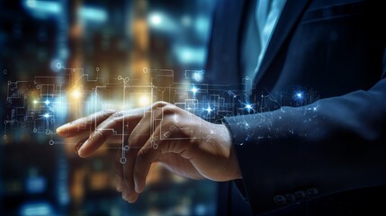 Businessman interacting with virtual screen displaying global business, digital marketing, and finance technology concepts, featuring big data and internet connectivity

