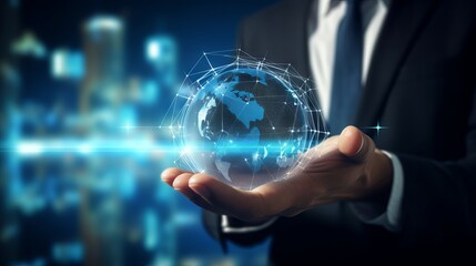 Businessman interacting with virtual screen displaying global business, digital marketing, and finance technology concepts, featuring big data and internet connectivity

