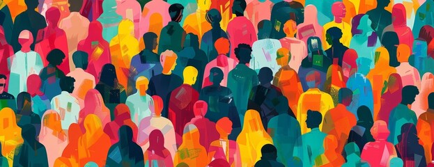 A diverse group of people of all ages and ethnicities are walking together in a crowd