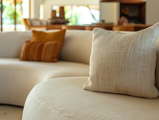 A large couch with pillows and a plant in the background