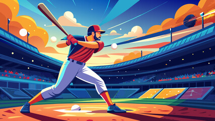 Dynamic Baseball Player Swinging Bat at Sunset Game