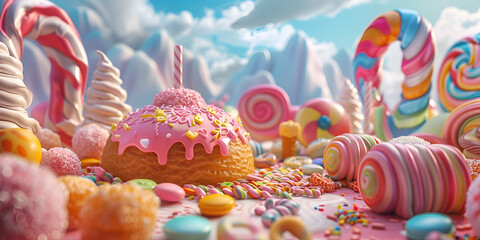 Candies and sweets colorful background.A group of sweets on top of a colorful background
