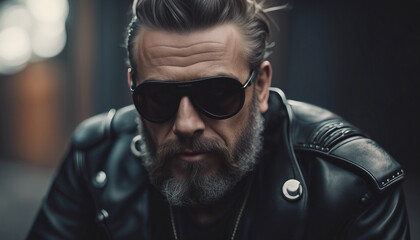Obraz premium portrait of an American grown man in a biker outfit 