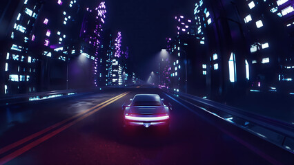 3d render car driving on the city streets at night with neon lights and in a cyberpunk style