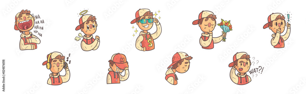 Poster funny boy character showing different emotion vector set