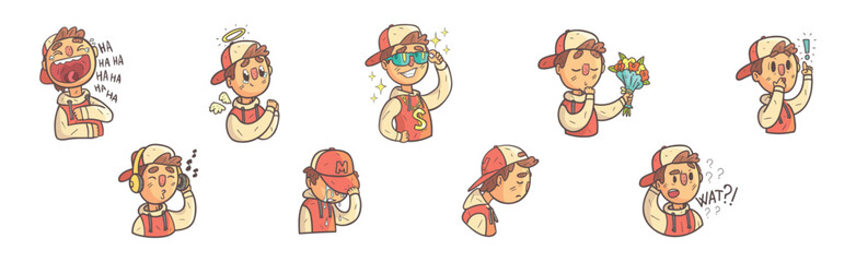 Fototapeta premium Funny Boy Character Showing Different Emotion Vector Set