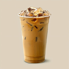 Delicious latte with ice cubes and beige background