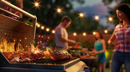 Evening BBQ party with people grilling food under string lights, cozy and festive ambiance, highly detailed and warm