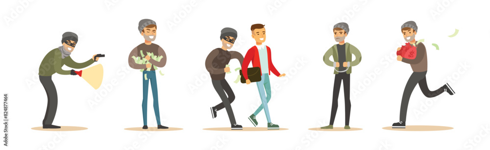 Poster man thief or robber commits crime and robbery vector set