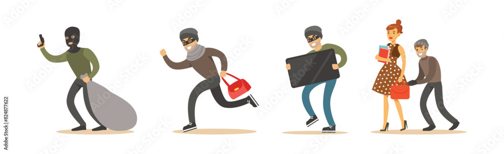 Poster man thief or robber commits crime and robbery vector set