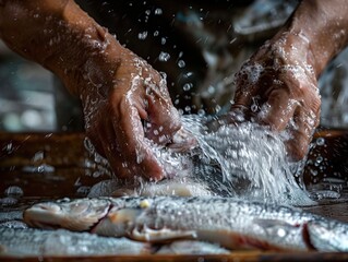 Fototapeta premium Professional fish cleaning and filleting process by skilled hands
