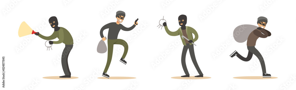 Poster man thief or robber commits crime and robbery vector set