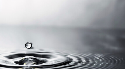 Water drop and ripples. A single water drop creates ripples on a still surface in shades of gray.