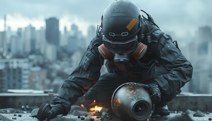 Expert bomb disposal officer in full protective gear working on a complex time bomb, cityscape background, high detail, ultrarealistic