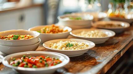 Vegetarian buffet table with variety of dishes. Delicious vegetarian dishes on a wooden table, perfect for a healthy and diverse buffet.