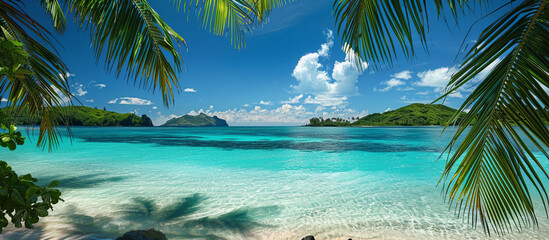 Bio background showcasing a tropical beach with turquoise waters and palm trees.