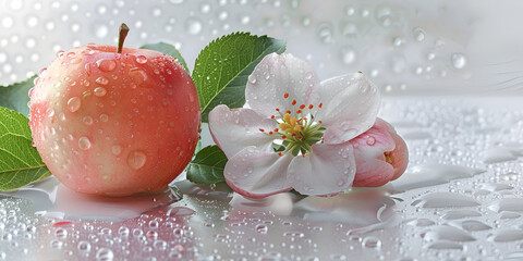 Fresh and Juicy red Apples with Dew and Blossoms