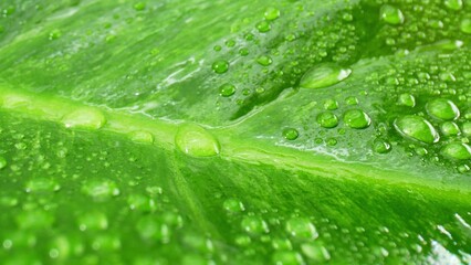 Mesmerizing close-up captures the exquisite beauty of glistening water droplets on lush, wet green leaves. Nature's artistry in motion. Nature concept. 
