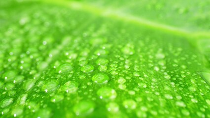 Glistening dewdrops cling to lush, emerald leaves in a mesmerizing macro close-up. Nature's jewels in sparkling brilliance. Chlorophyll concept. Green background. 