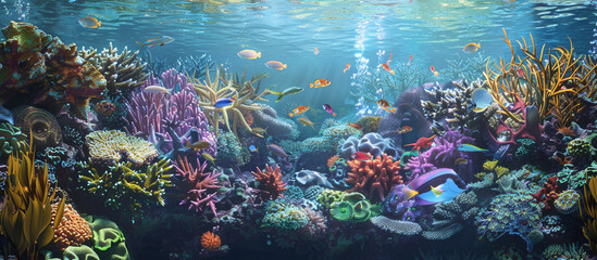 Bio background showcasing a vibrant coral reef with tropical fish. 32k, full ultra HD, high resolution.