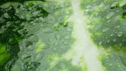 Up close and personal, watch as water droplets sparkle on vibrant, rain-kissed leaves in this...
