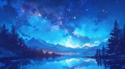 Starry night over lake, watercolor, silhouette of dense woods, galaxy reflection, mystical night, wide angle , realistic watercolor