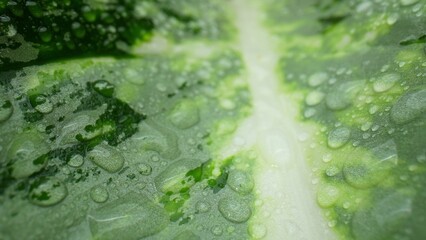 Macro magic : Sparkling water beads adorn wet green foliage, creating a dazzling symphony of...