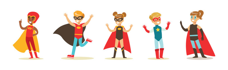 Boy and Girl Superhero Kid Character in Mask and Cloak Vector Set