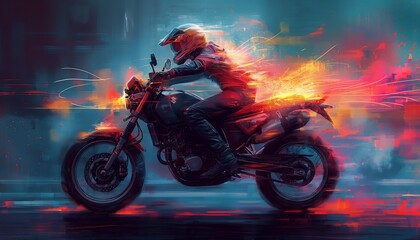 Vibrant futuristic design. Motorcyclist racing on powerful motorcycle bright flashes of fire and sparks surrounded it.