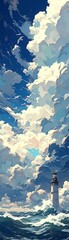 Fototapeta premium Storm approaching lighthouse, watercolor, darkening sky, choppy sea, dynamic atmosphere, high angle , cartoon style