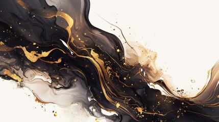 Swirling black and gold, watercolor, cosmic dance, abstract, on white, shimmering elegance