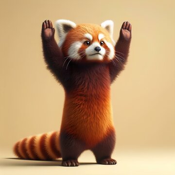 Red panda surrendering with both arms raised
