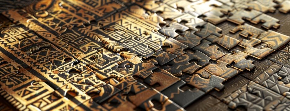 A wooden puzzle with intricate Mayan-inspired designs. The puzzle pieces are made of different types of wood, and the design is inspired by the ancient Mayan culture.