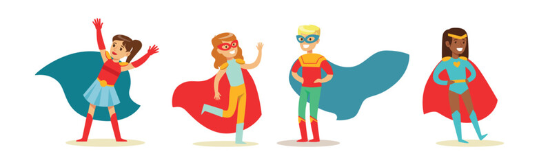 Boy and Girl Superhero Kid Character in Mask and Cloak Vector Set