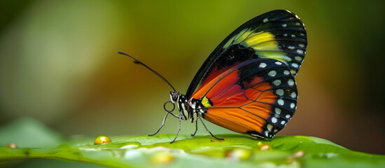 Bio background with a close-up of a colorful butterfly on a green leaf. 32k, full ultra HD, high resolution.