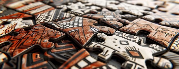 Naklejka premium A wooden puzzle with intricate patterns and vibrant colors. The puzzle pieces are scattered and need to be assembled to complete the picture.