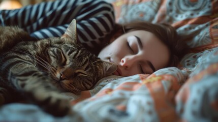 LGBTQ+ individual snuggling with their cat, relaxing on a bed, warm and inviting bedroom setting