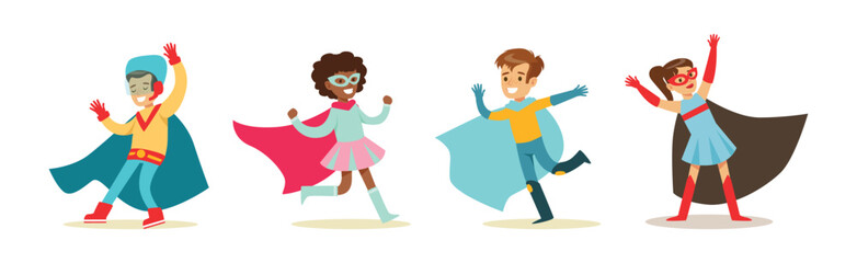 Boy and Girl Superhero Kid Character in Mask and Cloak Vector Set