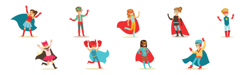 Boy and Girl Superhero Kid Character in Mask and Cloak Vector Set