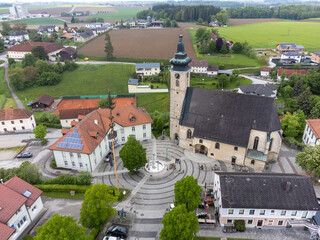 The catholic church in Wolfern in Upper Austria - aerial photography