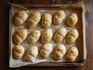 Arranging and shaping bread rolls on baking sheet preparation process