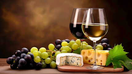 Wine cheese grapes and glasses. The aesthetics of winemaking. Serving wine in glasses with grapes and cheese.